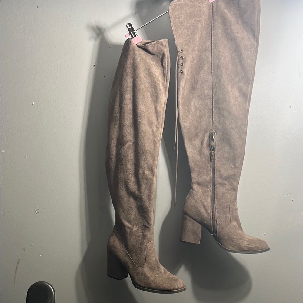 Tan Over the Knee Boots with Side Zipper and Moderate